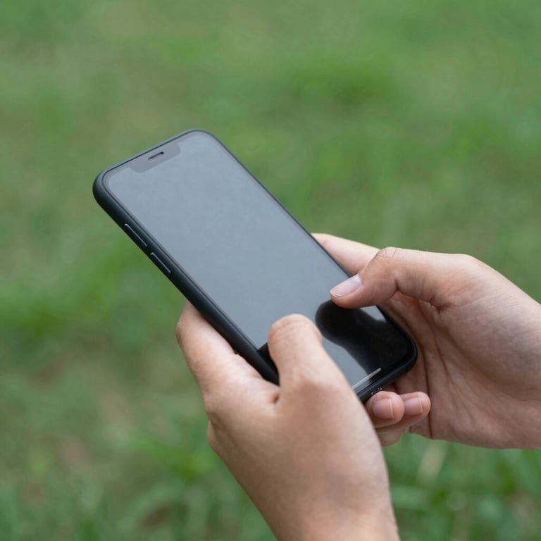 Close-up of a person's hands holding a smartphone in a park setting, soft focus on green grass in the background.