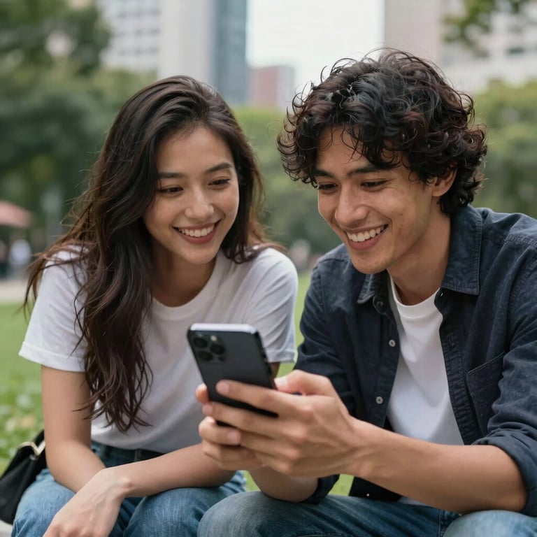 Two friends at an outdoor urban park in the US, sharing a laugh while looking together at a sleek mobile application on a phone.