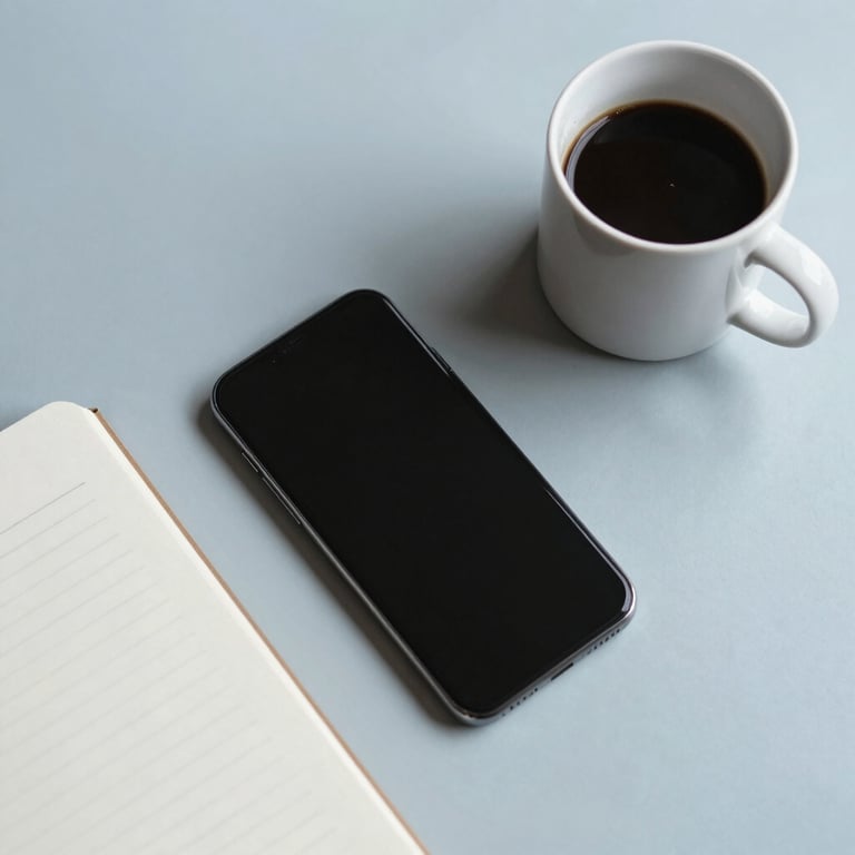 A top-down photograph of a minimalist workstation featuring a smartphone, a white coffee mug, and a clean notebook on a light blue surface.