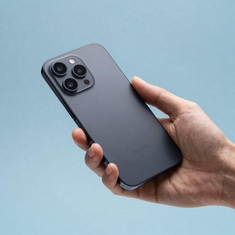 A professional studio shot of an Android device being held by a hand against a solid light blue background, showcasing a clean and modern design.