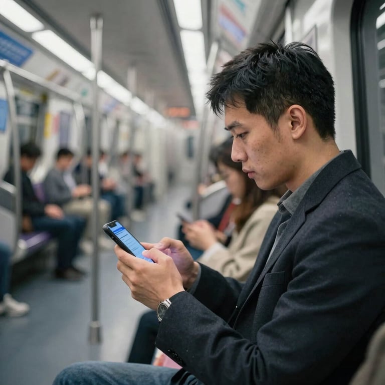 A commuter in a clean, brightly lit North American subway train, focused on an engaging mobile game on their device.