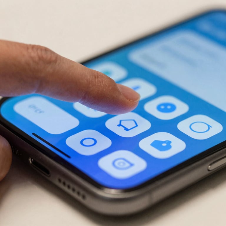 A detailed macro shot of a thumb tapping a vibrant, smooth mobile interface on a screen, with soft light blue and off-white studio lighting.