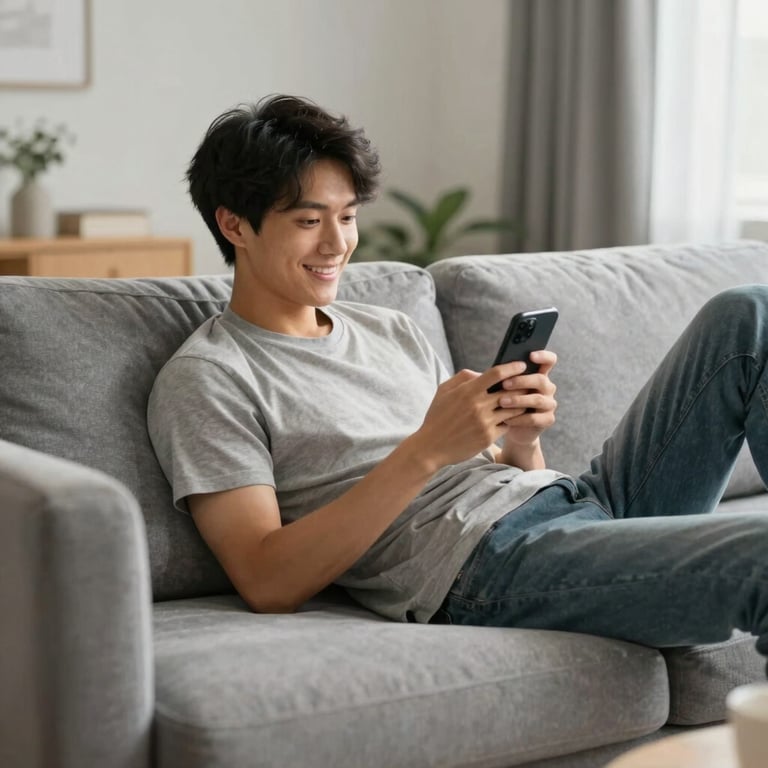 A person relaxing on a modern gray sofa in a bright North American living room, smiling while using a smartphone in soft afternoon light.