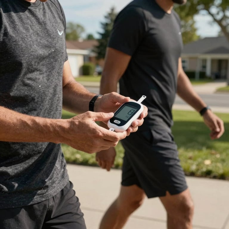 A person in activewear checking a modern glucose monitor while walking in a sunlit North American suburban park.