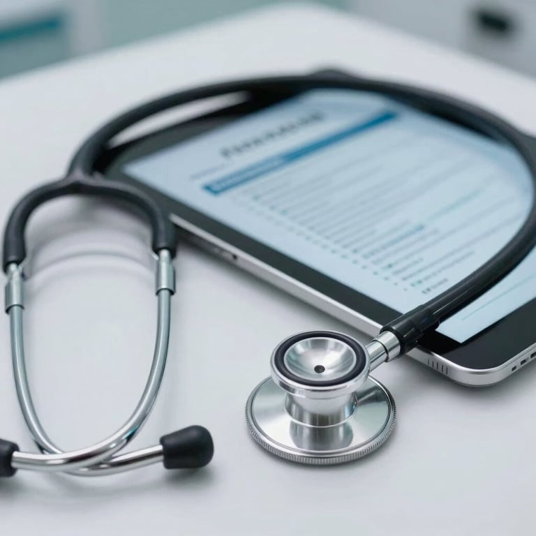 A professional close-up of a stethoscope lying next to a digital tablet displaying a medical journal in a well-lit clinic.