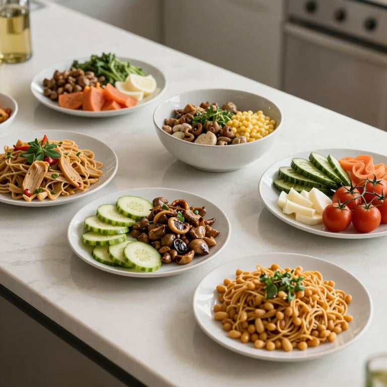 A bright, overhead shot of a healthy Mediterranean-style meal prep on a clean kitchen counter in a US home.