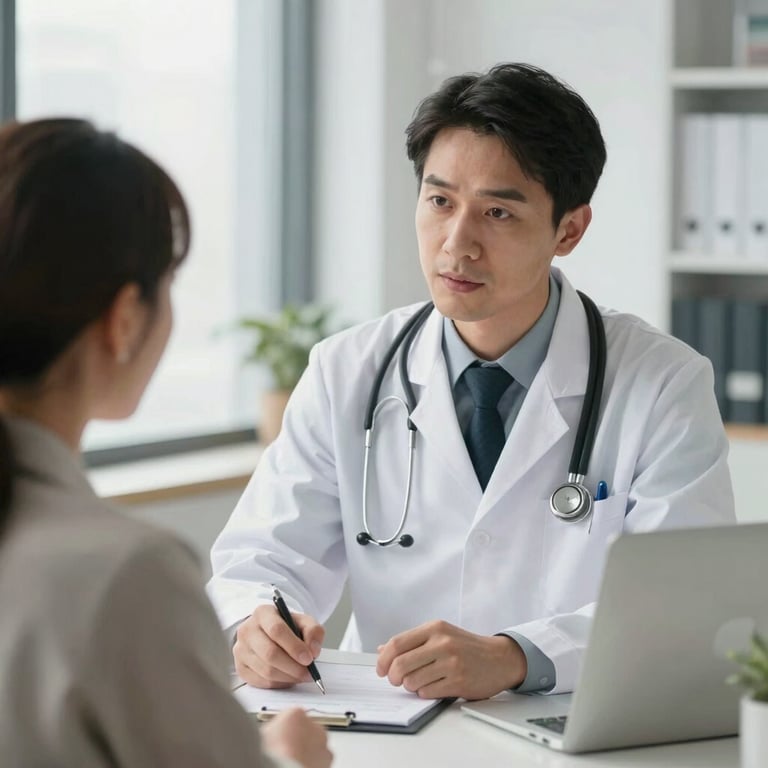 A North American doctor in a white coat consulting with a patient in a bright, modern office, emphasizing trust and clarity.