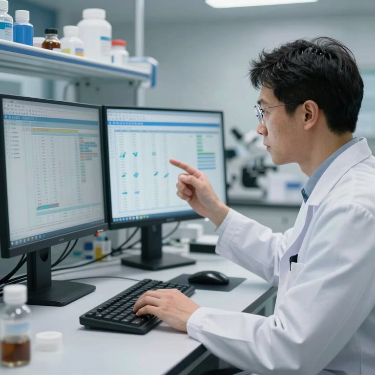 A medical researcher looking at metabolic data on a dual-monitor setup in a clean, professional laboratory environment.
