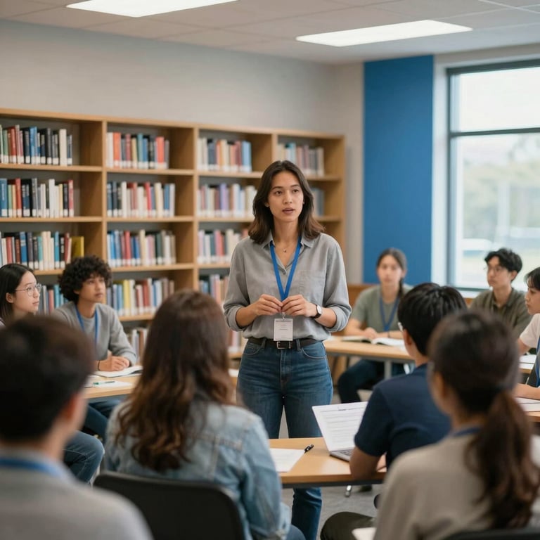 An educator leading a small community health seminar in a bright North American library setting, with medium blue accents.