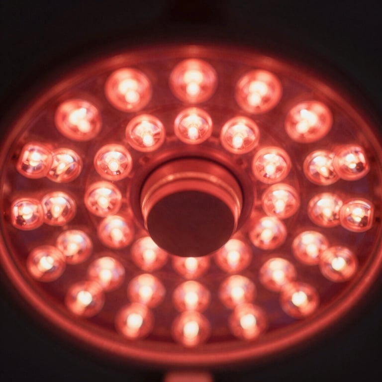 Abstract macro shot of light therapy diodes glowing with a healing, warm red spectrum.