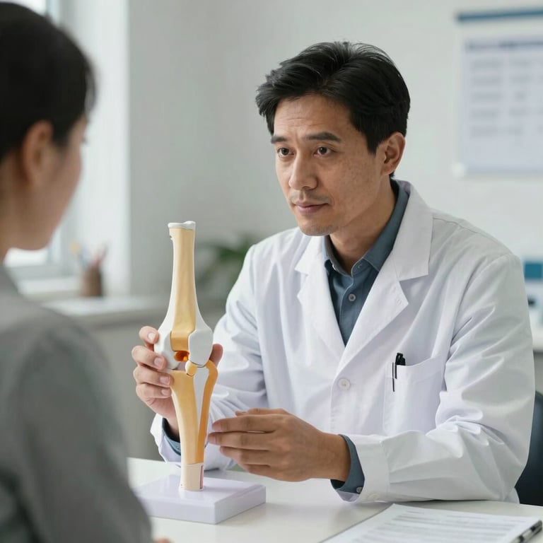 Dr. Waghe explaining a knee joint model to a patient in a bright, modern examination room