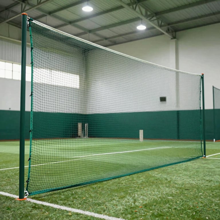 An indoor sports net installation for a cricket practice area, showing sturdy tension and high-quality mesh material.
