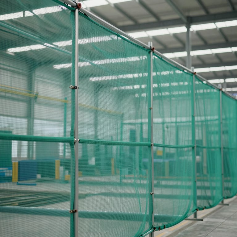Installation of heavy-duty duct area safety nets in a commercial complex, showcasing the industrial-grade solutions offered.