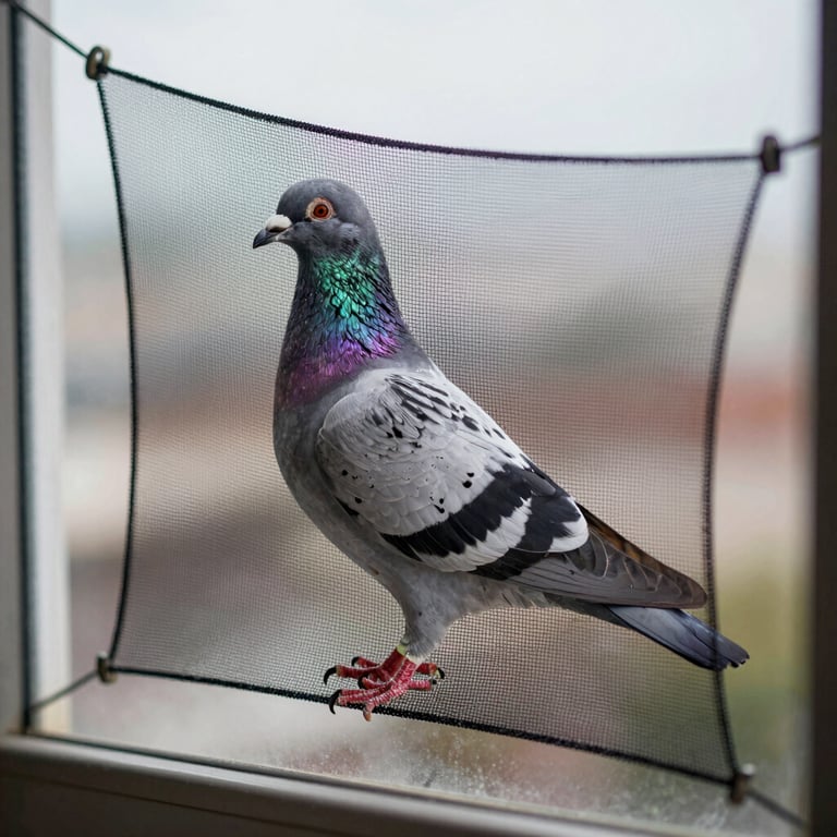 A close-up of a pigeon safety net installed on a window, demonstrating how it remains virtually invisible from a distance.