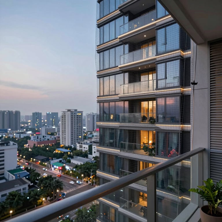 A wide shot of a balcony safety net installation on a luxury high-rise building at dusk, highlighting the professional finish against the Hyderabad skyline.