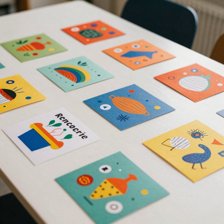 A candid, cinematic photo of vibrant printed materials spread out on a white table with colorful line illustrations overlaying the scene.