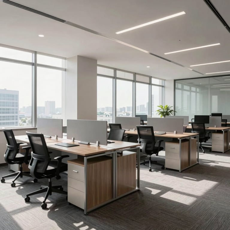 Wide-angle environmental shot of a modern Hyderabad corporate office floor, bright clean daylight streaming through large windows, row of modular workstations with ergonomic chairs, brushed steel and double-stitched mesh details.