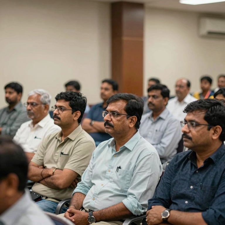 An educational seminar for workers held in a professional South Asian / Indian hall, showing people listening intently.