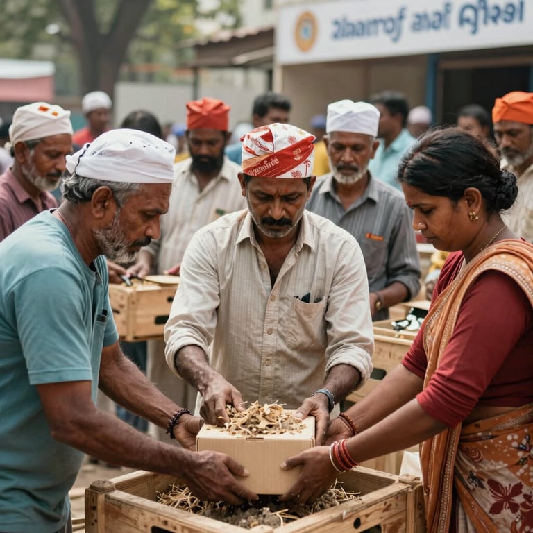 South Asian / Indian laborers participating in a welfare program, captured in a style that reflects dignity and progress.