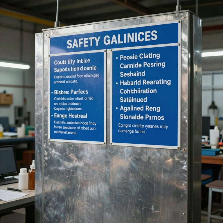 A wide shot of a clean, modern South Asian / Indian workshop where safety guidelines are prominently displayed in steel blue.