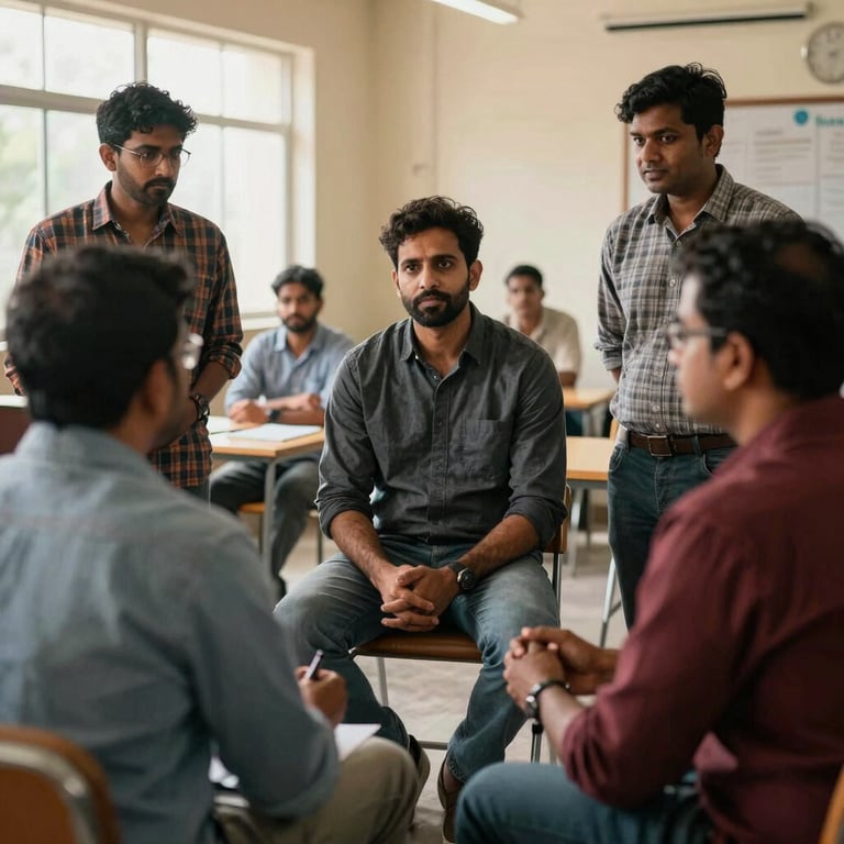 A group of diverse professionals in a South Asian / Indian community center discussing worker rights, high contrast, natural lighting.
