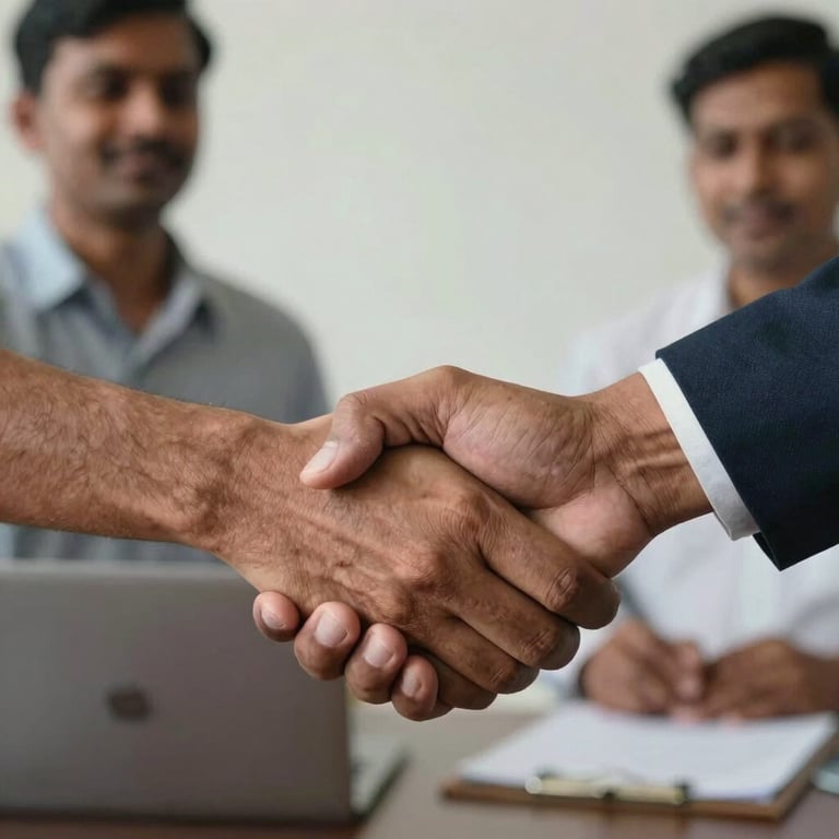 Close-up of a handshake between a worker and a legal advisor in a South Asian / Indian setting, representing a bond of trust.