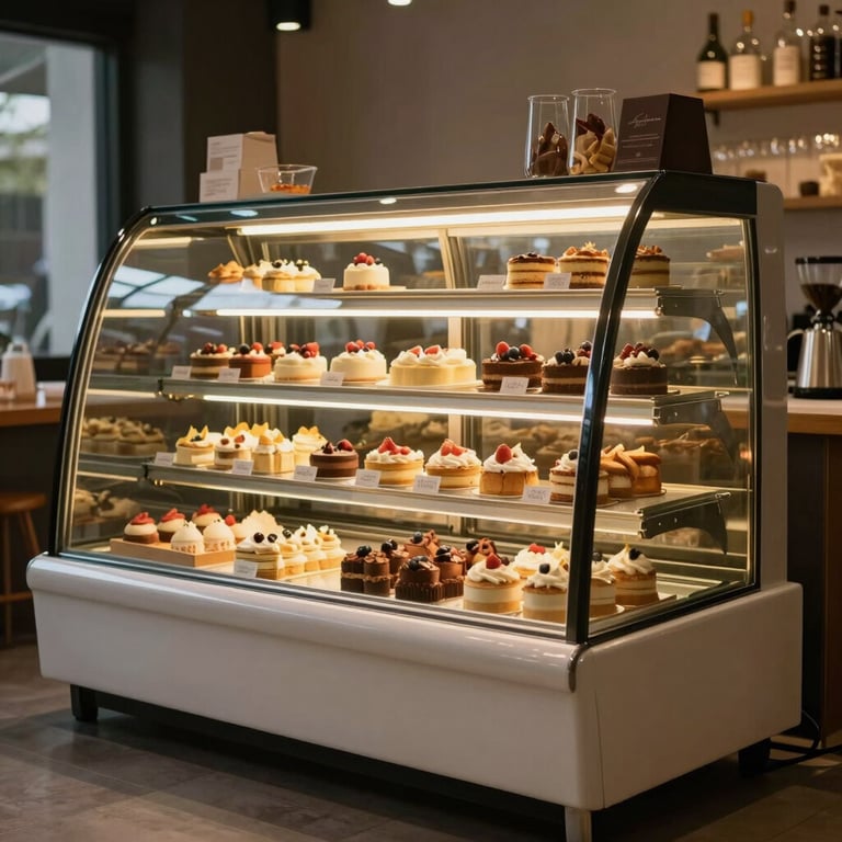 Custom bakery display unit with curved glass and warm internal LED lighting.