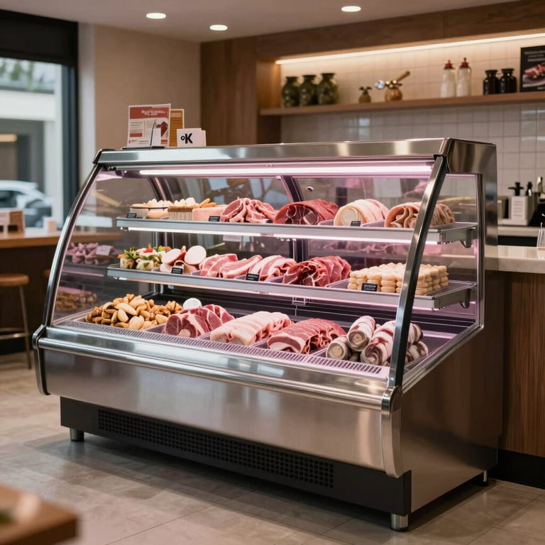 A premium stainless steel meat display case in a modern Colombian butcher shop, clean lighting.