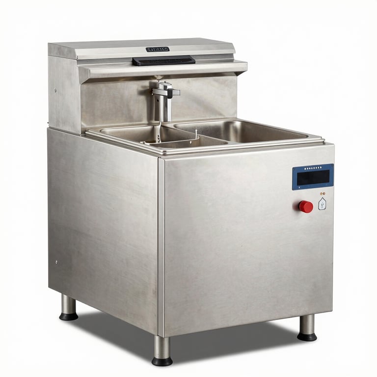 High-performance double industrial deep fryer made of brushed stainless steel.