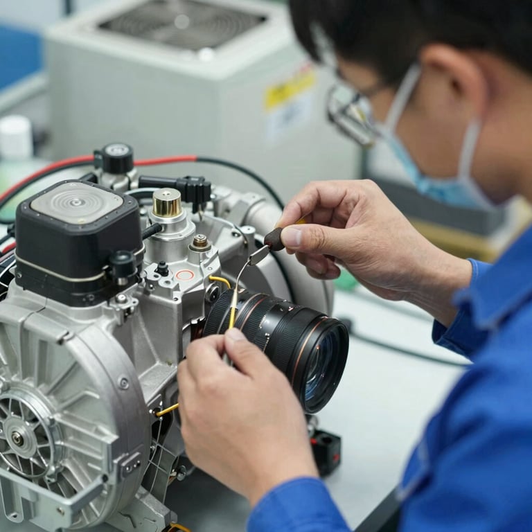Close-up of a professional technician in a blue uniform repairing a cooling compressor.