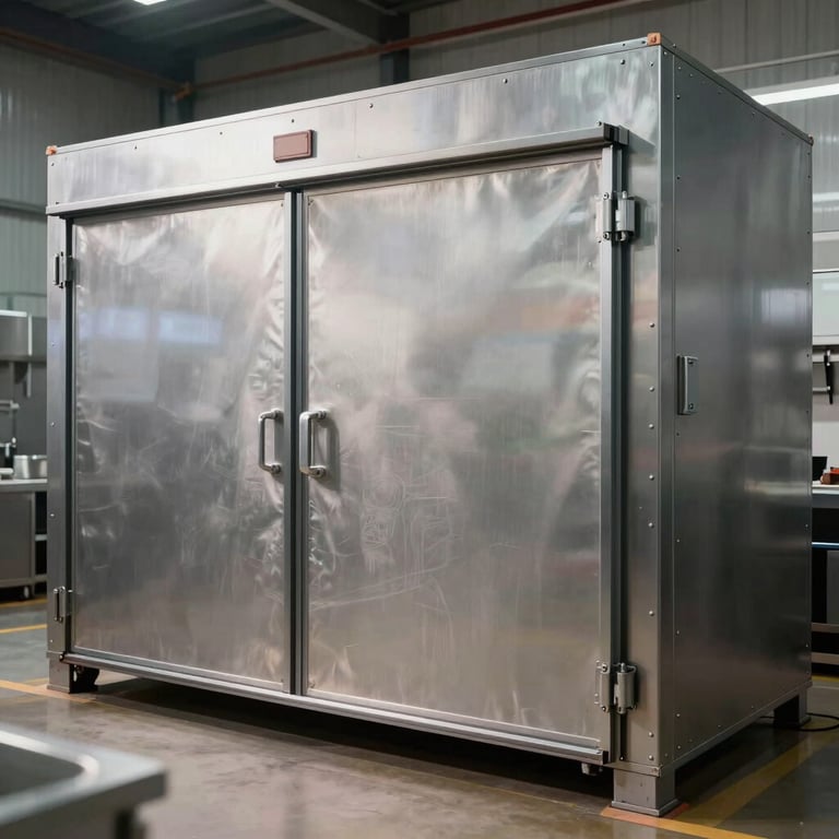 Large industrial walk-in cold room for a commercial kitchen with heavy duty doors.