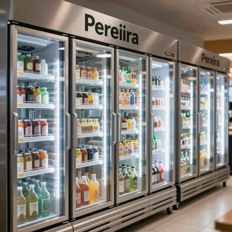 A row of sleek, modern refrigerated display cabinets in a high-end Pereira cafeteria.