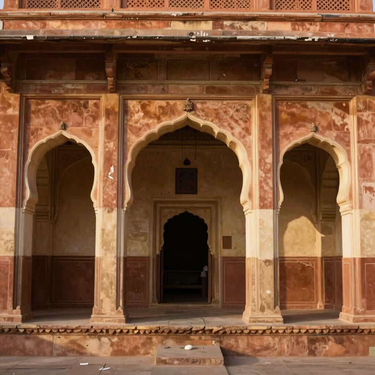 The historic architecture of a traditional healing center in Jaipur, featuring warm earthy brown stone and cream arches.