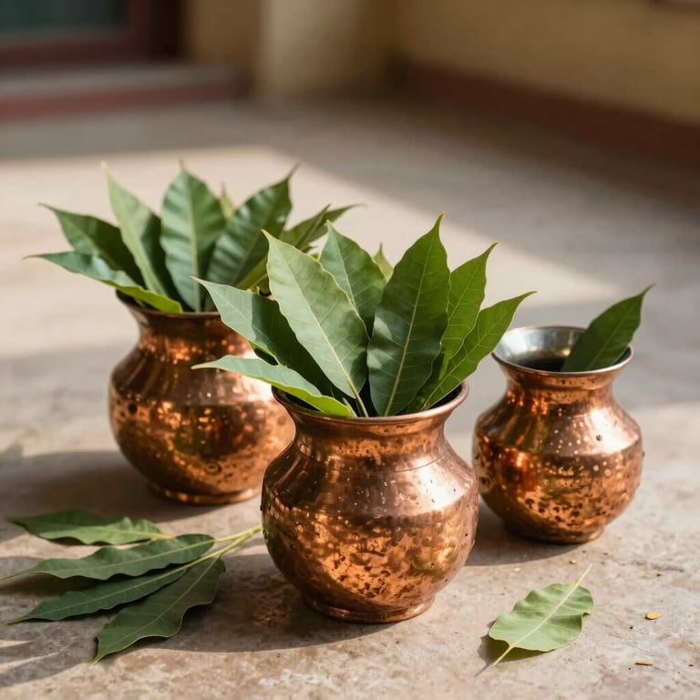 Traditional copper vessels overflowing with freshly harvested green neem leaves on a sunlit veranda in Jaipur.