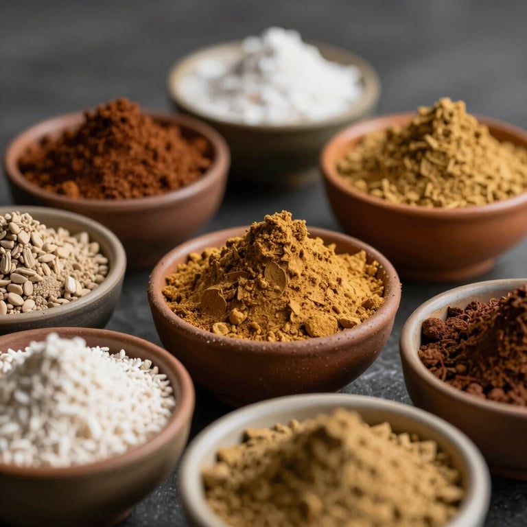 A selection of classical Vayurveda churnas and powders displayed in small ceramic bowls.