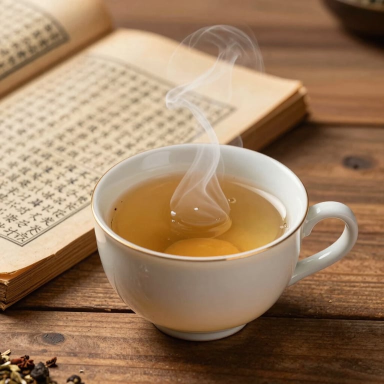 A steaming ceramic cup of herbal tea placed next to an ancient Ayurvedic manuscript on a wooden desk.