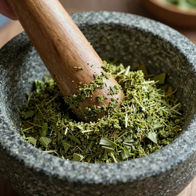 Close-up of a stone mortar grinding bright green herbs into a fine paste, soft morning light hitting the textures.