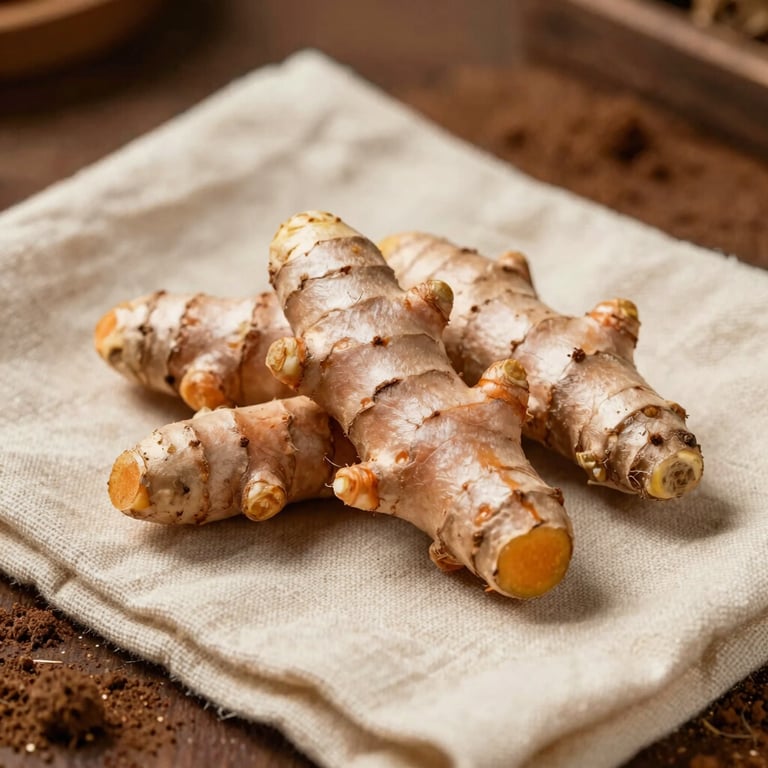 A close-up shot of fresh turmeric and ginger roots resting on a piece of cream-colored linen fabric, earthy brown soil still visible.