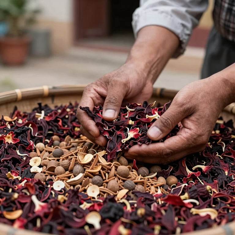 Expert hands carefully sorting dried hibiscus petals and sandalwood chips in a traditional South Asian courtyard.