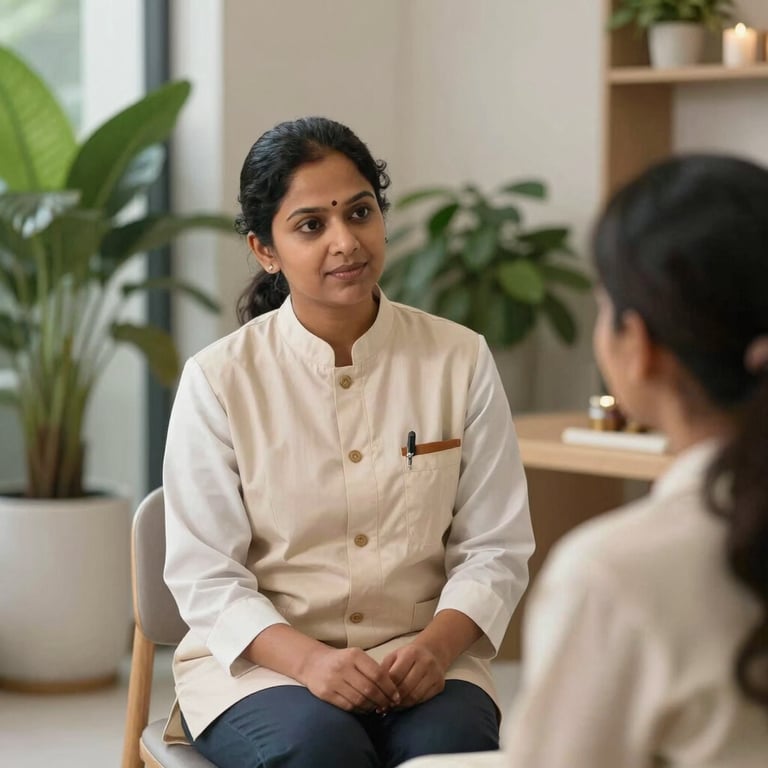 A South Asian practitioner in professional attire consulting with a client in a modern, plant-filled Ayurvedic clinic.