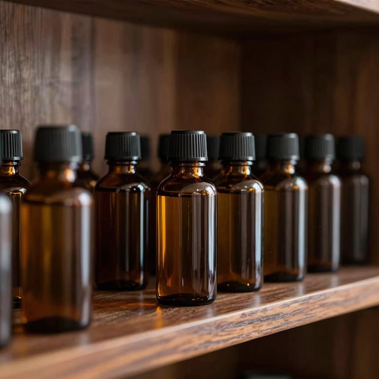 Artisanal amber glass bottles containing herbal oils arranged neatly on a polished dark wood shelf.