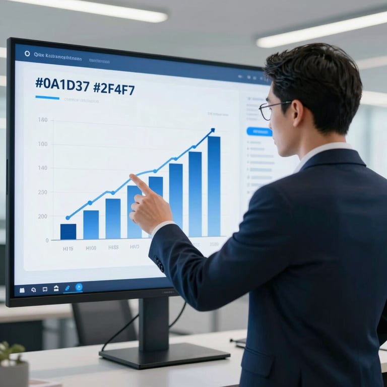 A professional business consultant pointing at a growth chart on a screen in a modern office, featuring #0A1D37 and #2F4F7A accents.
