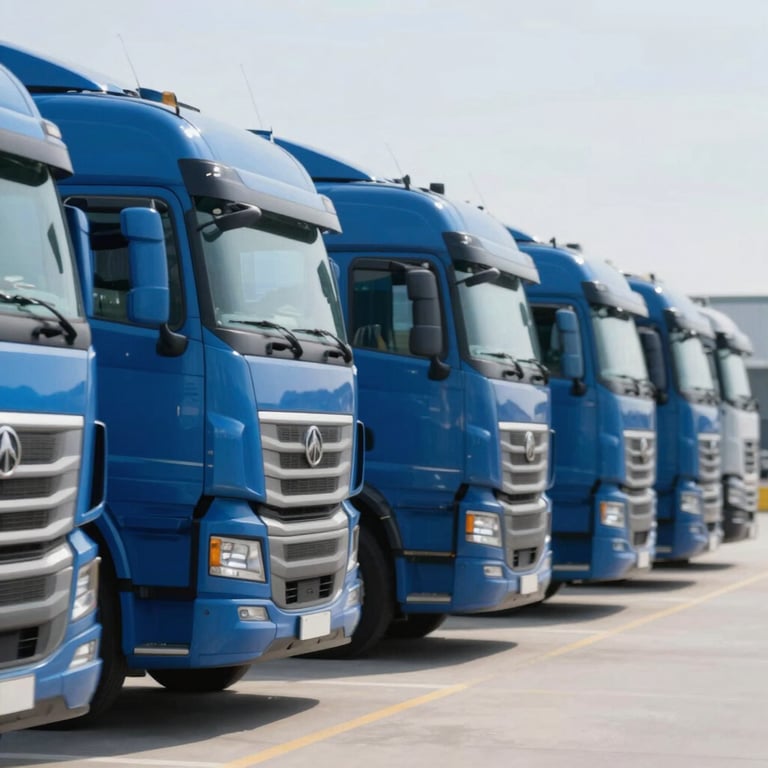A row of gleaming semi-truck cabs in a bright lot, illustrating fleet expansion, with a cool blue #8BAED1 color grade.