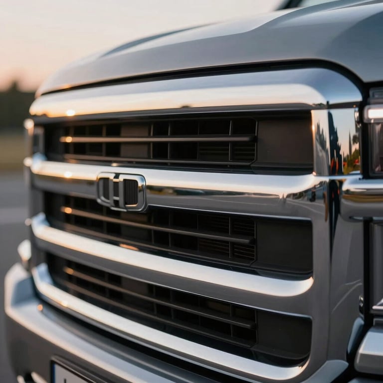 Detailed macro shot of a shiny chrome truck grille reflecting a sunset, symbolizing quality and industry authority.
