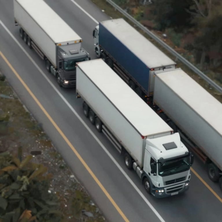 An overhead drone shot of trucks on a highway representing movement and progress, styled with high contrast and professional lighting.