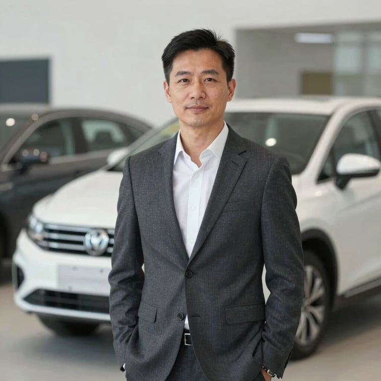 A business owner standing proudly in front of a new fleet addition, shot in a supportive, empowering style with soft natural light.