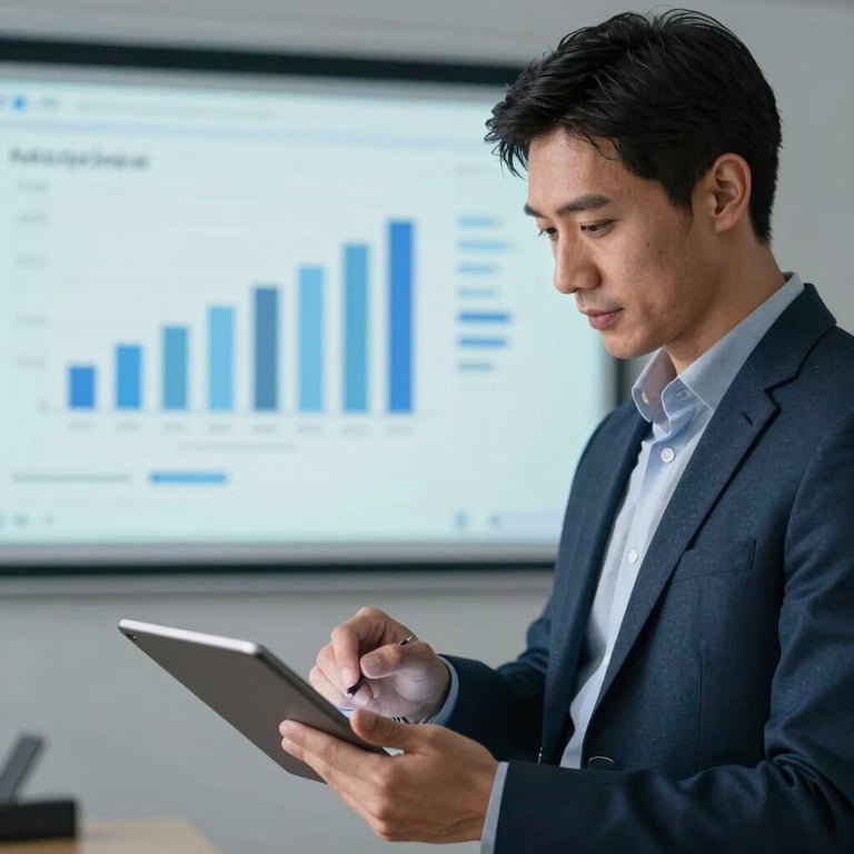 A focused entrepreneur reviewing financial documents on a tablet, projecting confidence and success, using a palette of #F0F4F8 and #2F4F7A.
