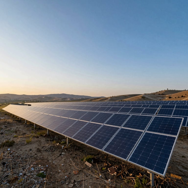 A wide-angle shot of a sprawling solar panel farm in the Turkish foothills during sunset with steel blue sky.