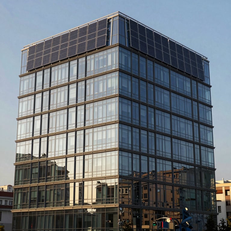 A modern office building with glass facade and integrated solar panels in a Turkish business district.