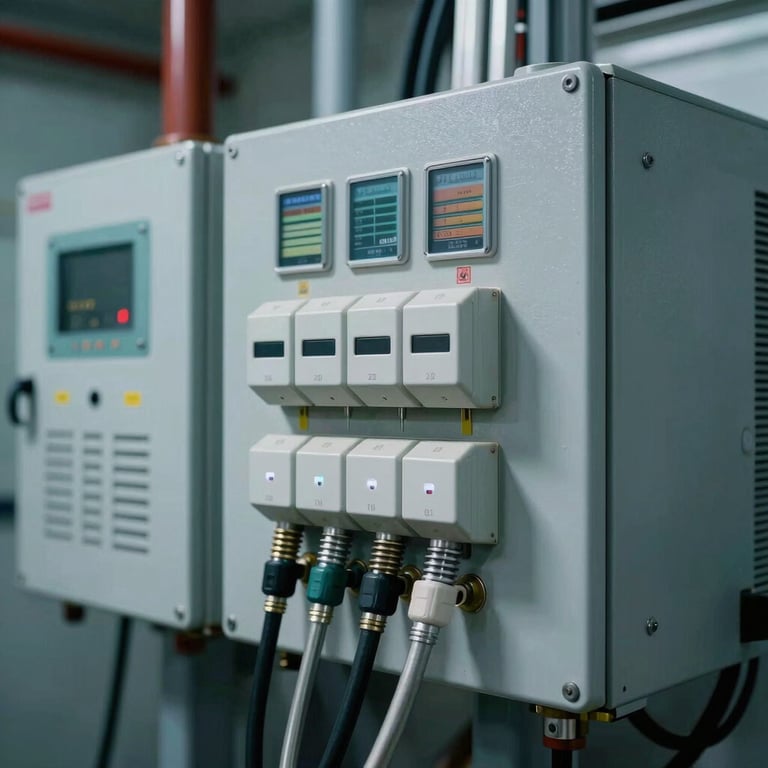 A close-up of high-tech electrical equipment inside a substation, illuminated with professional cool lighting.